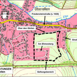 Übersichtslageplan mit Geltungsbereich (schwarz gestrichelt) des Bebauungsplans „Am Ehmesberg BA II“ der Gemeinde Gerstungen (Kartengrundlage: Übersicht DTK; © Quelle: GDI-Th © I GeoBasis-DE © / BKG 2024; ohne Maßstab) karte p plan am ehmesberg