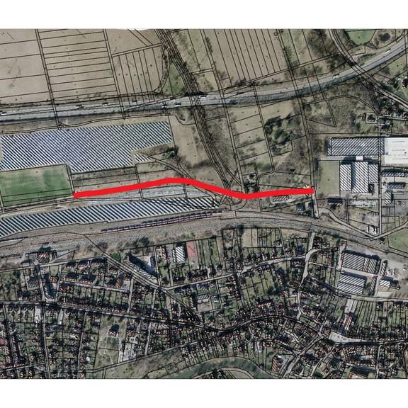 Schematische Darstellung Erschließungsstraße Oberhalb der Bahn © T. Hennicke Karte Widmung Oberhalb der Bahn